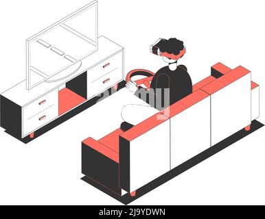 Character with virtual reality glasses and wheel playing race game isometric vector illustration Stock Vector