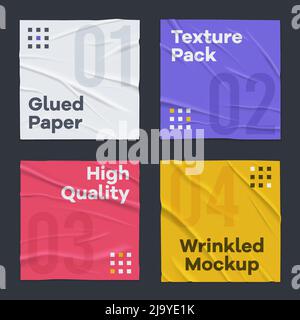 Badly glued wrinkled crumpled 4 colorful square paper sheets texture banners set black background realistic vector illustration Stock Vector