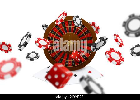 Floating poker clubs dice chips roulette playing cards aces closeup realistic online gaming advertising composition vector illustration Stock Vector