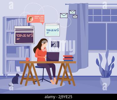 Freelance and remote workers flat background with domestic scenery and woman working at home with laptop vector illustration Stock Vector