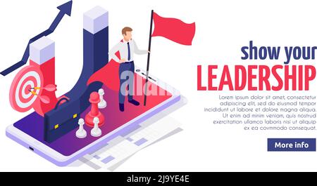 Effective leadership soft skills concept isometric web page design with successful businessman on smartphone screen vector illustration Stock Vector