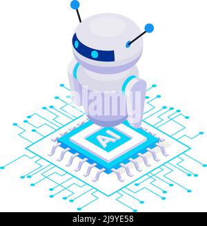 Cute artificial intelligence robot isometric icon on white background 3d vector illustration Stock Vector
