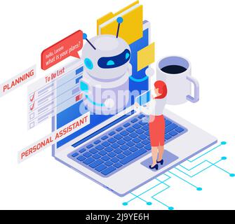 Isometric icon with woman using personal assistant and planner application on laptop 3d vector illustration Stock Vector