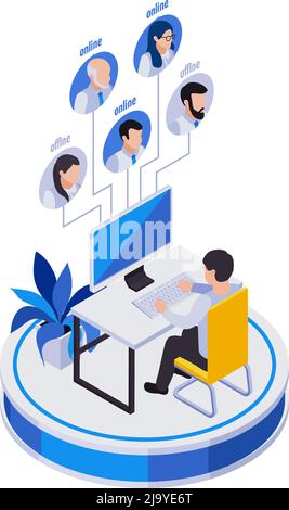 Remote management distant work isometric icons composition with man at computer table with avatars of distant workers vector illustration Stock Vector
