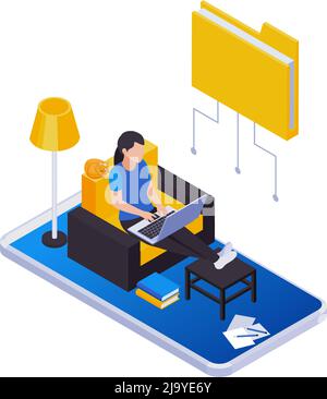 Remote management distant work isometric icons composition with woman working at home with folder icon vector illustration Stock Vector