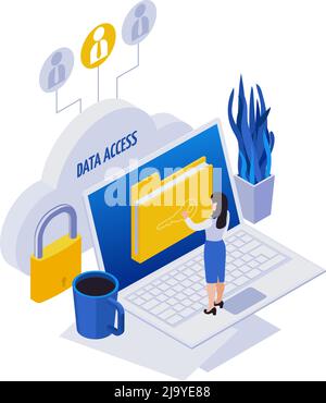 Remote management distant work isometric icons composition with woman touching folder icon on laptop vector illustration Stock Vector