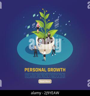 Personal growth development plant metaphor circular isometric composition with people setting goals collaborating achieving results vector illustratio Stock Vector
