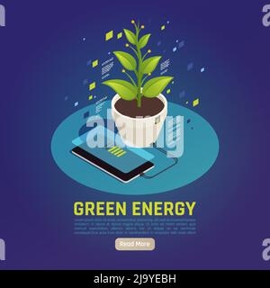 Green energy isometric composition with smartphone battery charging using plant leaves photosynthesis as power source vector illustration Stock Vector