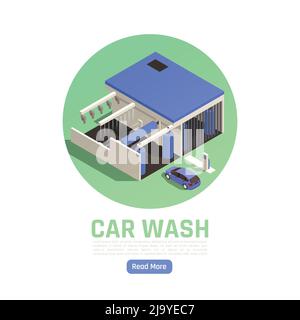Automatic drive though car wash facility exterior isometric view circular blue green composition web page vector illustration Stock Vector