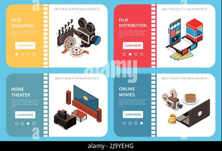 Set of four cinema isometric horizontal banners with compositions of images and clickable learn more buttons vector illustration Stock Vector