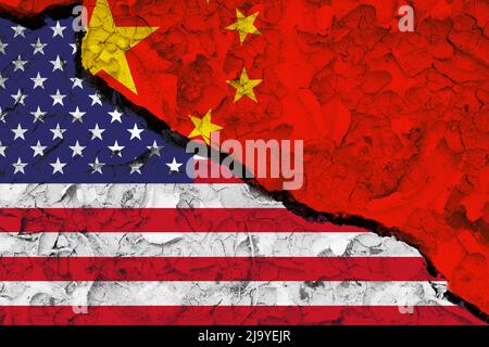 Flag of USA and China on cracked wall. Concept of crisis between nations, Washington and Beijing 