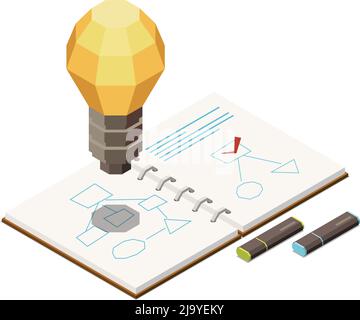Marketing strategy concept icon with charts in notepad markers light bulb isometric vector illustration Stock Vector