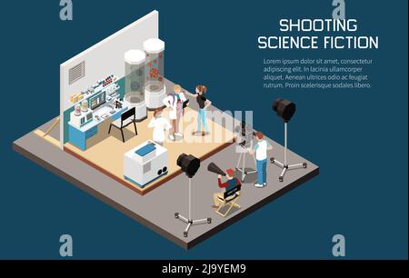 Cinema isometric composition with view of filming location with editable text and people with light cameras vector illustration Stock Vector