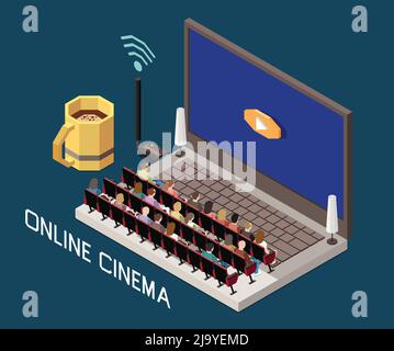 Cinema isometric composition with image of laptop with theater auditorium and people on seats with text vector illustration Stock Vector