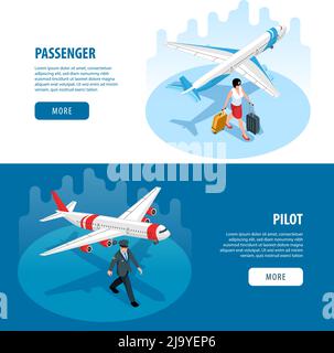 Isometric airport horizontal banners set with text buttons and images ...