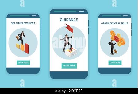 Set with three vertical banners with leadership concept isometric images human characters and learn more buttons vector illustration Stock Vector