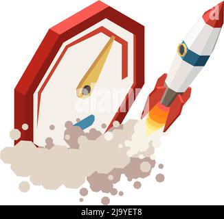 Leadership isometric concept icon with flying rocket and clock 3d vector illustration Stock Vector