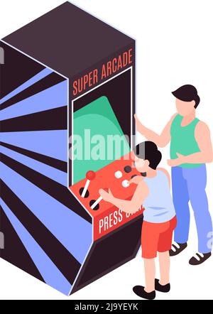 Two characters of kid and adult playing on arcade game machine 3d isometric vector illustration Stock Vector