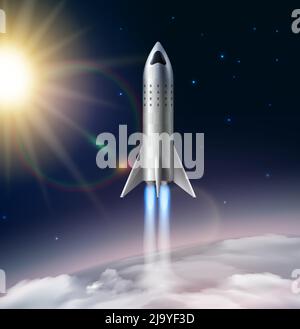 Rocket launch composition realistic with view of stratosphere with sun stars and futuristic flying rocket image vector illustration Stock Vector