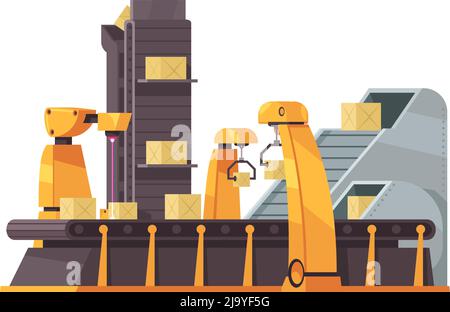 Packing factory machine with boxes on conveyor belt flat vector illustration Stock Vector
