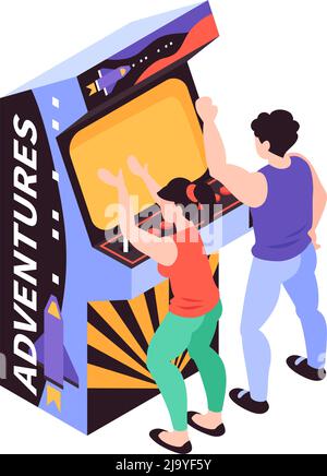 Two teens playing adventure game on retro machine 3d isometric vector illustration Stock Vector