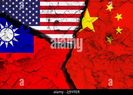 Flag of USA China and Taiwan on cracked wall.Concept of crisis between nations. Sino-Taiwan conflict