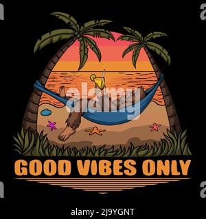 Bigfoot is relaxing on the beach vector illustration Stock Vector