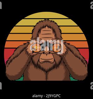 Bigfoot looking at the beach with binoculars vector illustration Stock Vector