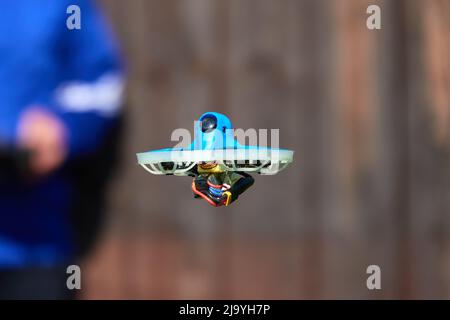Small drone also race quad in blue is precisely controlled by the human pilot, wall in brown as background. Germany. Stock Photo