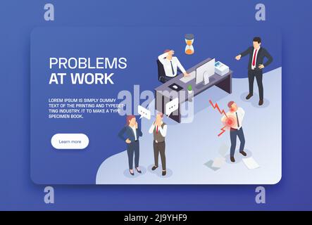 Problem situations at work isometric colored landing page with headline and learn more button vector illustration Stock Vector