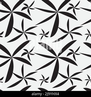 Minimal leaves or windmill shape seamless pattern. Black and white abstract silhouette background. Stock Vector