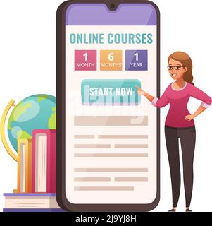 Online educational courses icon with smartphone app and cartoon character of teacher vector illustration Stock Vector