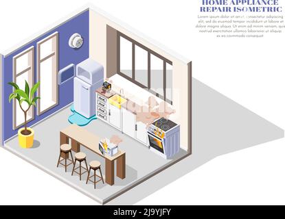 Broken home appliances isometric composition with leaking fridge burning oven and microwave in kitchen 3d vector illustration Stock Vector