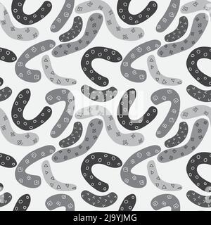 Curved shapes with geometric pattern background. Monochromatic seamless pattern. Stock Vector