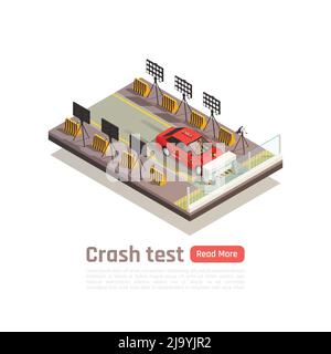 Crash test car safety isometric composition with image of car crashing into barrier camera and lighting vector illustration Stock Vector