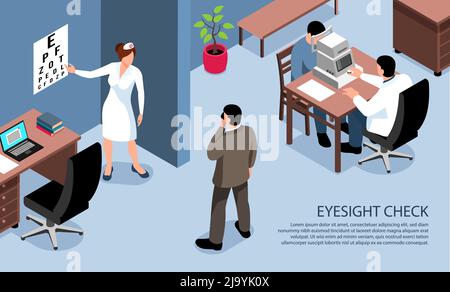 People with vision impairment blind isometric horizontal banner of eye examination test by ophthalmologist optometrist vector illustration Stock Vector