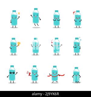 Bottle of water set emotions characters. Flat vector illustration Stock Vector