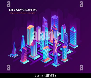Isometric city skyscrapers composition with text and multiple buildings of different architecture design colored in neon vector illustration Stock Vector