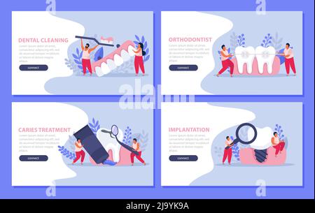 Dental health flat 4x1 set of horizontal banners with teeth images people text and clickable buttons vector illustration Stock Vector