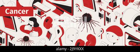 Cancer web isometric horizontal composition with isolated images human heads medical appliances and symbols with text vector illustration Stock Vector