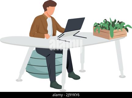Contemporary workspace flat composition with man sitting at futuristic table with designer chair and home plant vector illustration Stock Vector