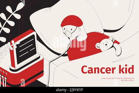 Cancer kid isometric background with view of hospital bed and child in breathing mask with text vector illustration Stock Vector
