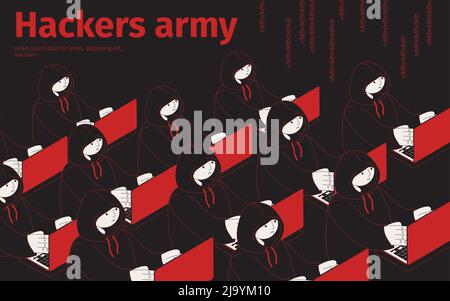 Hackers army isometric background with editable text and human characters of cyber thiefs sitting in rows vector illustration Stock Vector