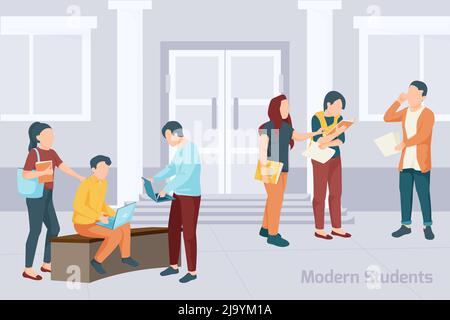 Group of students with books and electronics devices standing in front of university building flat vector illustration Stock Vector