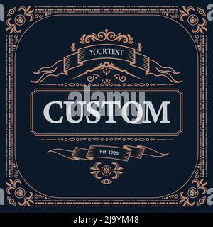 Retro vintage design label composition with editable text and decoration elements with ribbons and ornate frames vector illustration Stock Vector