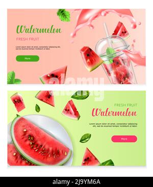Watermelon horizontal banners with pieces of fresh fruit on plate and in cocktail glass realistic vector illustration Stock Vector