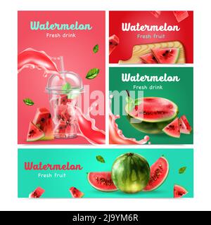 Fresh fruits and drinks from watermelon realistic banners set with realistic images of red ripe tasty berries vector illustration Stock Vector