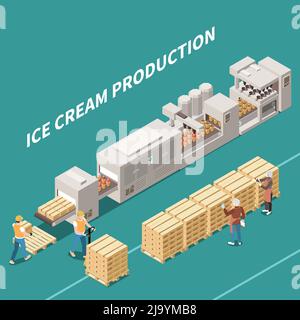 Ice cream manufacture background with people working on automatic line producing frozen dessert isometric vector illustration Stock Vector