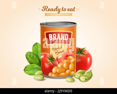 White baked beans in tomato sauce tin ready to eat realistic advertising composition with lettuce  vector illustration Stock Vector