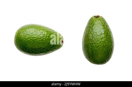 Two natural green avocado isolated on white, top view, side view Stock Photo